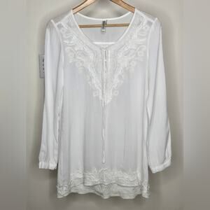 Monoreno Off White Embroidered Blouse Keyhole Button Long Sleeve Sheer Small